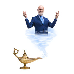 Businessman coming out from a magic lamp - obrazy, fototapety, plakaty