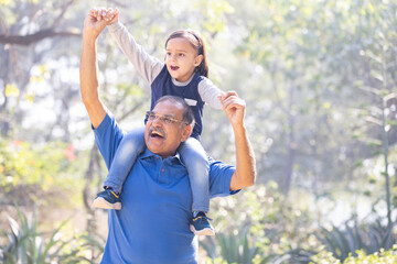 Carefree granddaughter carrying grandson on shoulders at park