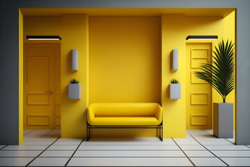 Interior of a cosy minimalistic waiting room or a hall interior in trendy yellow color with yellow sofa. A hall in a modern building or in hospital in yellow design. Generative AI