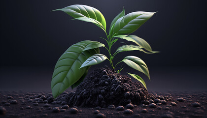 Dark green young plant grow with fresh ground. Generative AI.