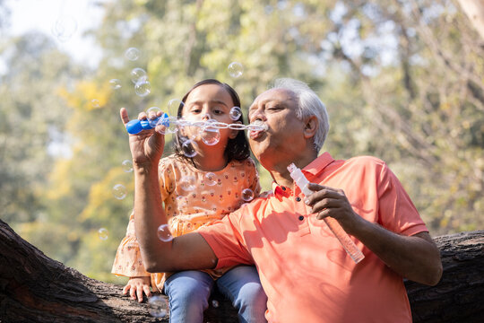 Grandfather blowing soap bubbles to his grandchild