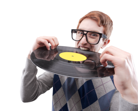 Funny nerd guy biting a vinyl record