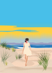 Fototapeta na wymiar Femme de dos avec une robe blanche se promenant sur la plage face à la mer