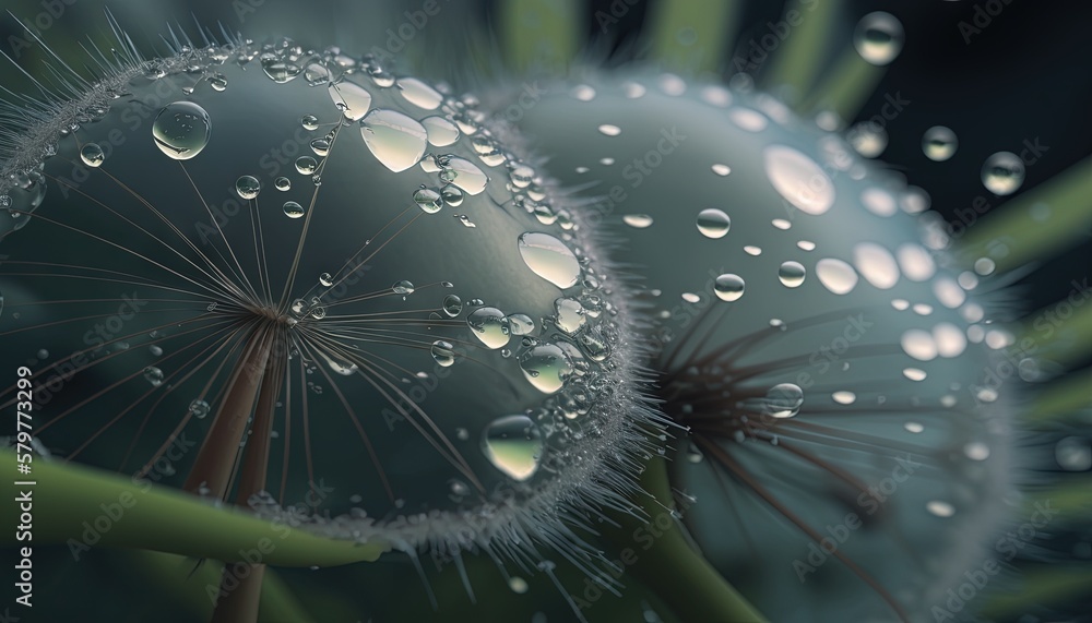 Poster a close up of a dandelion with drops of water on it's petals and a green stem with a green stem in t