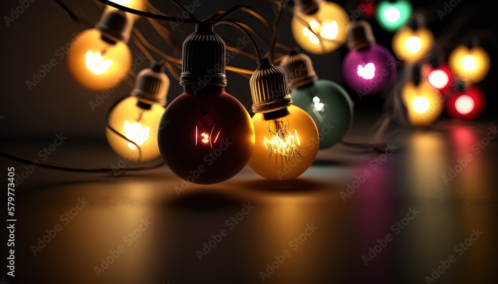 Poster a bunch of light bulbs that are on a string of lights on a table in a dark room with lights on the s