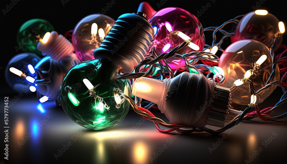 Poster a bunch of lights that are sitting on a table with a light bulb on top of it and some wires in the m
