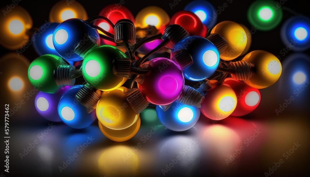 Poster a bunch of colorful lights that are on a black background with a reflection of the light on the floo
