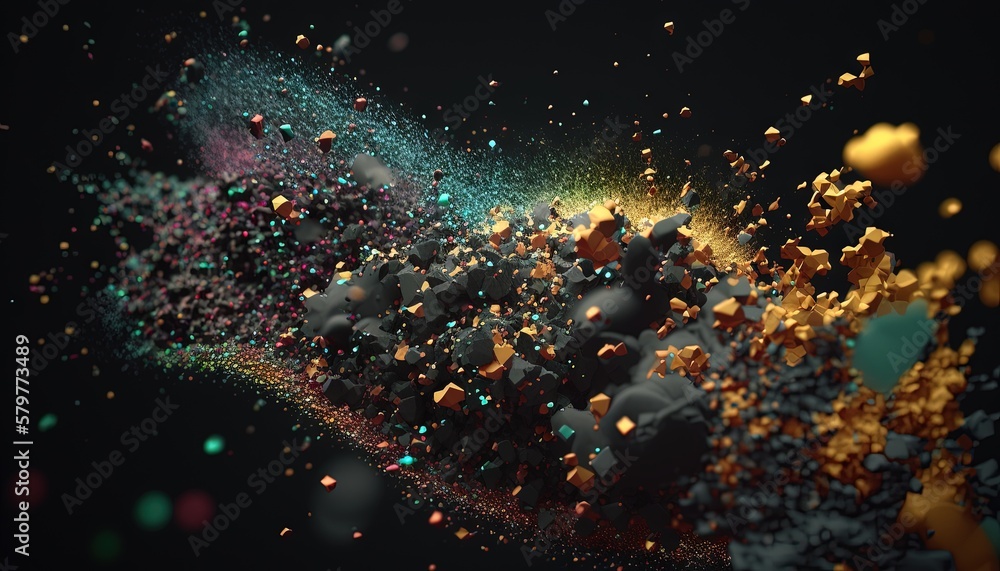 Poster an abstract image of a bunch of objects in the air with a black background and a yellow and green do