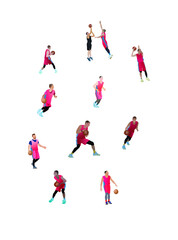 Bright silhouettes of basketball players in pink uniforms with a ball in hand. A set of digital figures of sportsmen at different moments of the game. Creative design for a stylish decor for the team.
