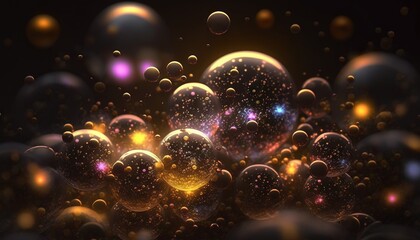 Obraz na płótnie Canvas a bunch of bubbles floating in the air with a black background and some yellow and purple bubbles in the air and some orange and purple bubbles in the air. generative ai
