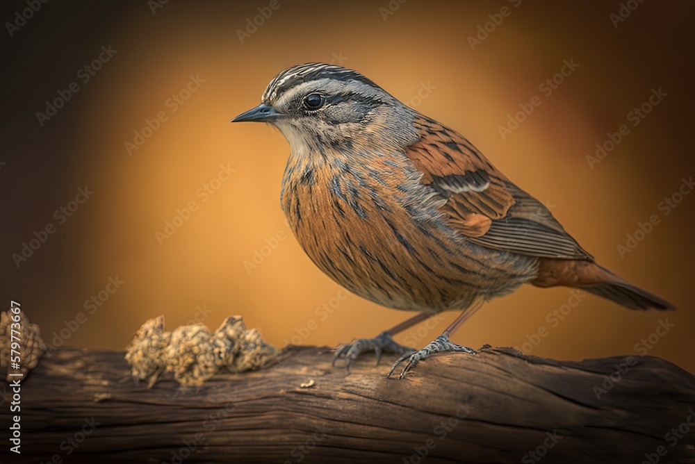 Poster a hazy backdrop and a vertical view of an accent bird perched on some dry wood. generative ai