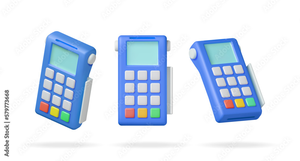 Poster 3d payment terminal set isolated. render modern pos bank payment device various poses. payment nfc k