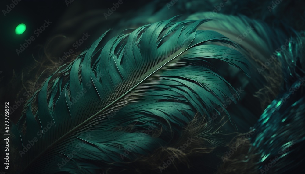 Poster a close up of a green feather on a black background with a green light in the background and a green