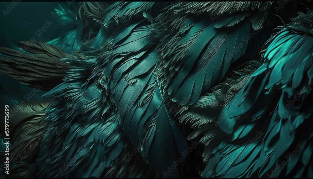 Poster a close up of a bird's feathers with a green background and a black background with a black border a