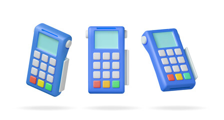 3D Payment Terminal Set Isolated. Render Modern POS Bank Payment Device Various Poses. Payment NFC Keypad Machine. Credit Debit Card Reader. Contactless Payment Transaction Vector illustration - obrazy, fototapety, plakaty