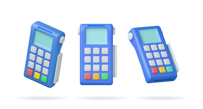 3D Payment Terminal Set Isolated. Render Modern POS Bank Payment Device Various Poses. Payment NFC Keypad Machine. Credit Debit Card Reader. Contactless Payment Transaction Vector illustration