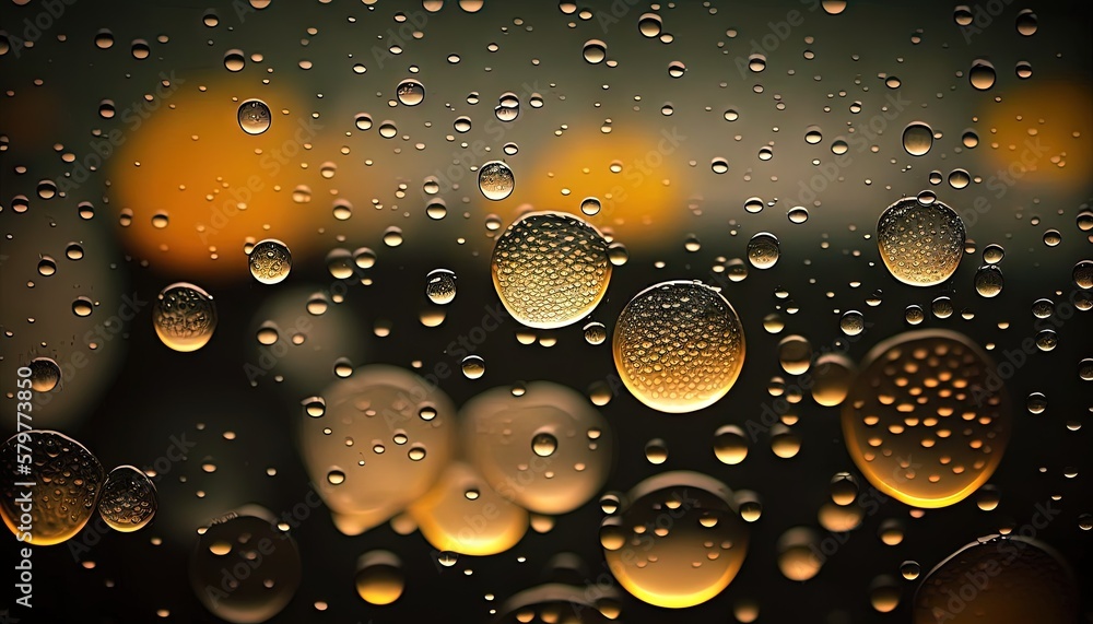Aufkleber a close up of a window with rain drops on it and a blurry background of yellow and orange lights in 