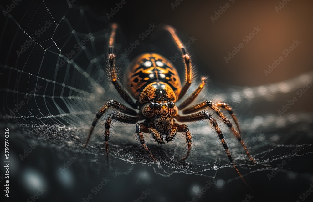 Poster Brown spider in a web, captured at shallow depth of field Generative AI