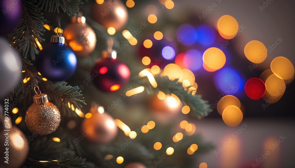 Aufkleber a close up of a christmas tree with lights in the background and a blurry background of a christmas 