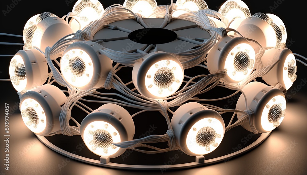 Poster a bunch of lights that are connected to each other in a circle on a black surface with a black circl