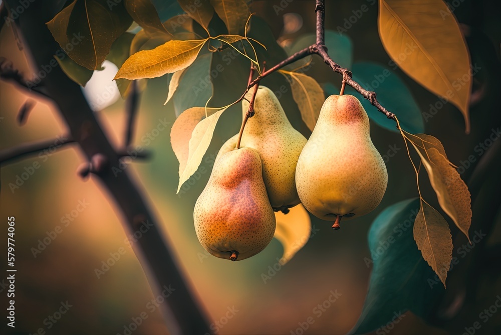 Aufkleber pears on a tree, vertical, with a hazy backdrop. generative ai
