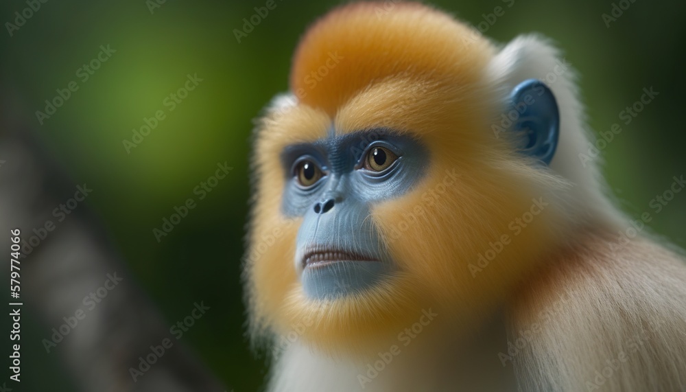 Poster a close up of a monkey with a blurry back ground and a blurry back ground behind it, with a blurry b