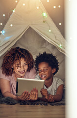 Tablet, black family and mother with kid in tent at night watching movie, video and having fun in...