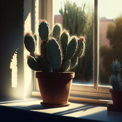 Serene Succulence Potted Cactus Basking in the Early Morning Light
