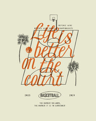 Life is better on the court. Basketball court with palms isometric silkscreen basketball vintage typography vector illustration.
