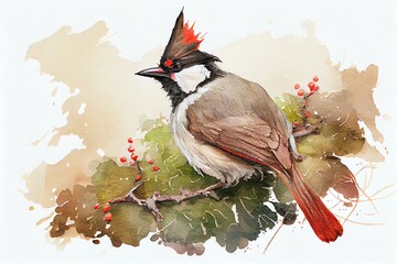 Red-whiskered bulbul, watercolor style. Generative AI