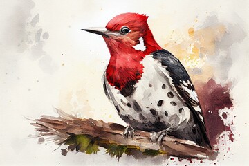 Red-headed woodpecker, watercolor style. Generative AI