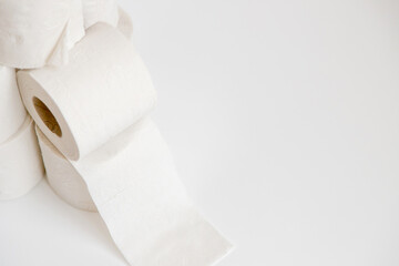 Recycled toilet paper rolls stacked on top of each other. Copy space. Concept of concern for sustainability, and environmental awareness in the use of resources. Copy space.