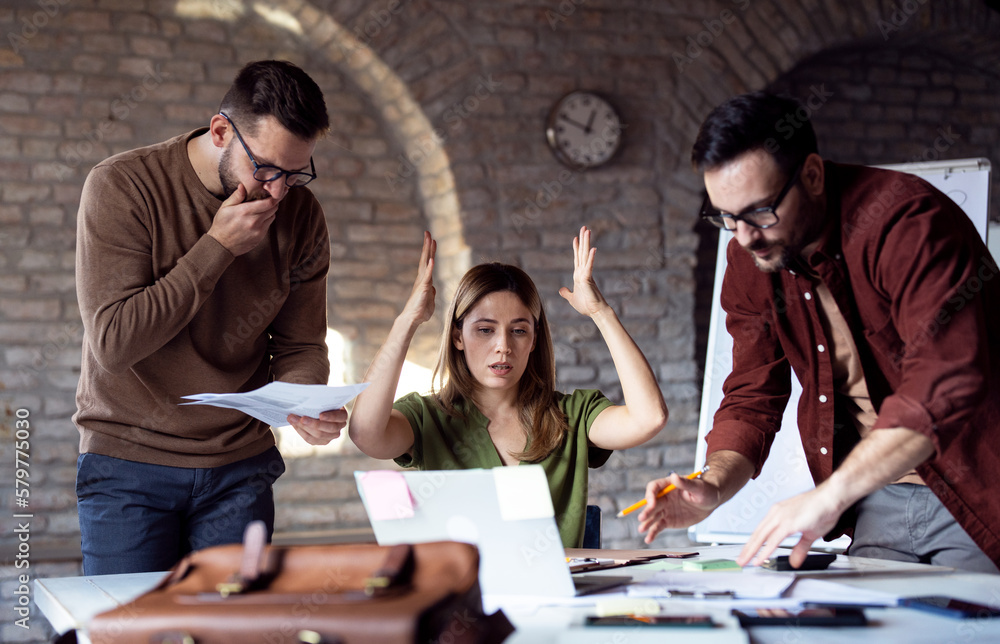 Wall mural stressful situation in office, business people working and receiving bad news