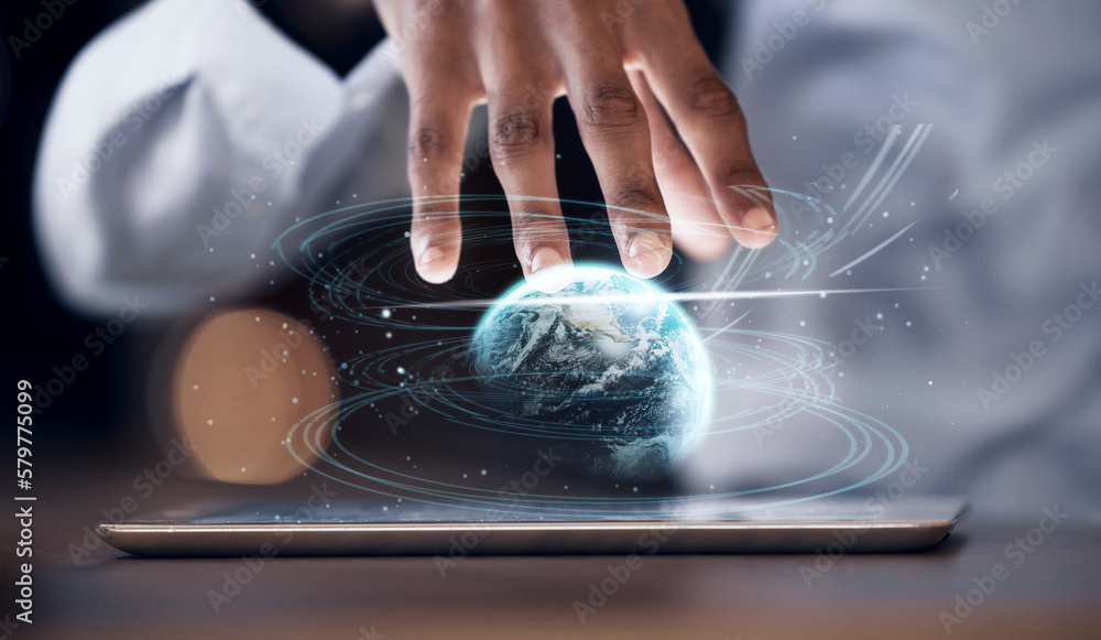 Leinwandbilder tablet hologram, global network or man hands with world analysis of digital earth communication or w