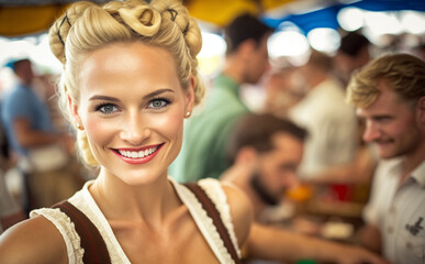 young woman wears a dirndl and smiles, in a beer tent with other festival tent visitors at a folk festival or Oktoberfest, fictional location. Generative AI
