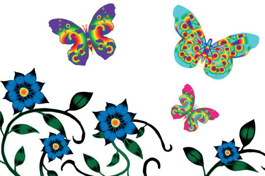 Butterflies and colorful flowers in gradient in blue, purple and orange tones. Original art for various decorations.