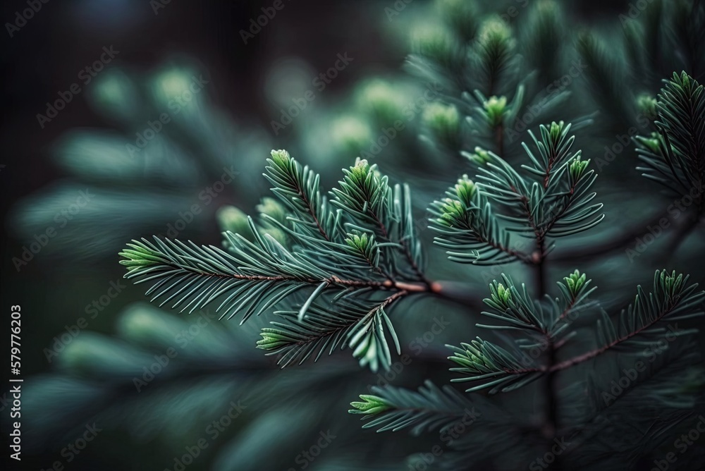 Poster pine needles in focus, hazy backdrop generative ai