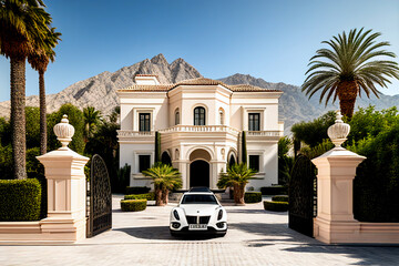 Obraz premium Luxury Villa exterior with green garden and palm trees. Luxury home in Spain. Tropical Villa Resort, Spanish Real Estate in Sierra Blanca, Marbella. Luxurious residence on Mediterranean. Ai Generative