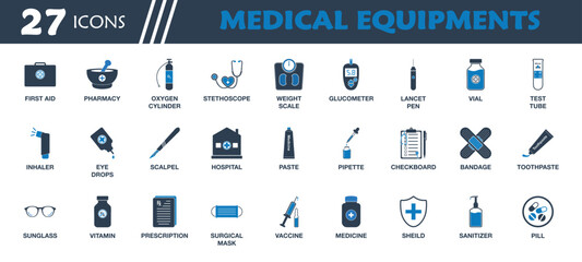 Medical Equipment Icon Set. Collection of First Aid Box, Mortar and Pestle, Stethoscope, Weight Scale, Glucometer, Inhaler, Scalpel, Hospital and Vaccine Icons. Editable Vector Symbol Illustration.