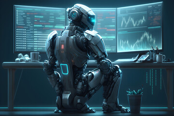 Obraz na płótnie Canvas Artificial Intelligence Trading in Action: Futuristic Robot Trading on Laptop with Multiple Screens and Real-Time Market Charts. Generative AI