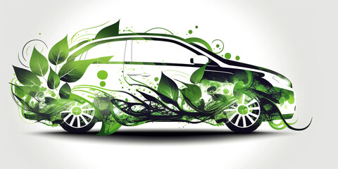grünes Auto aus Pflanzen vor weißen Hintergrund, generative AI - obrazy, fototapety, plakaty