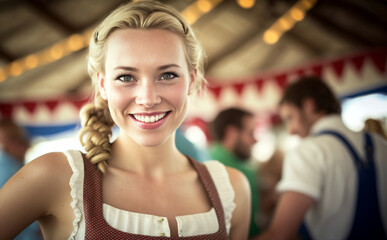 young woman or teenager blonde girl wears a dirndl and smiles, in a beer tent with other festival tent visitors at a folk festival or Oktoberfest, fictional location. Generative AI