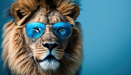 A Lion wearing sunglasses with a blue background. Furry art. Cute and funny animal portrait. Generative AI.