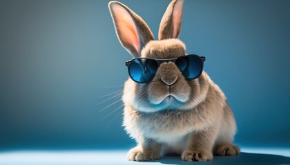 Fototapeta na wymiar A Rabbit wearing sunglasses with a blue background. Furry art. Cute andm funny animal portrait. Generative AI.