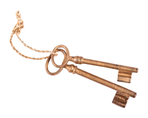 Two old gold colored keys, transparent background