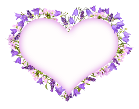 Bellflowers, lavender and meadow flowers as a heart frame, transparent background
