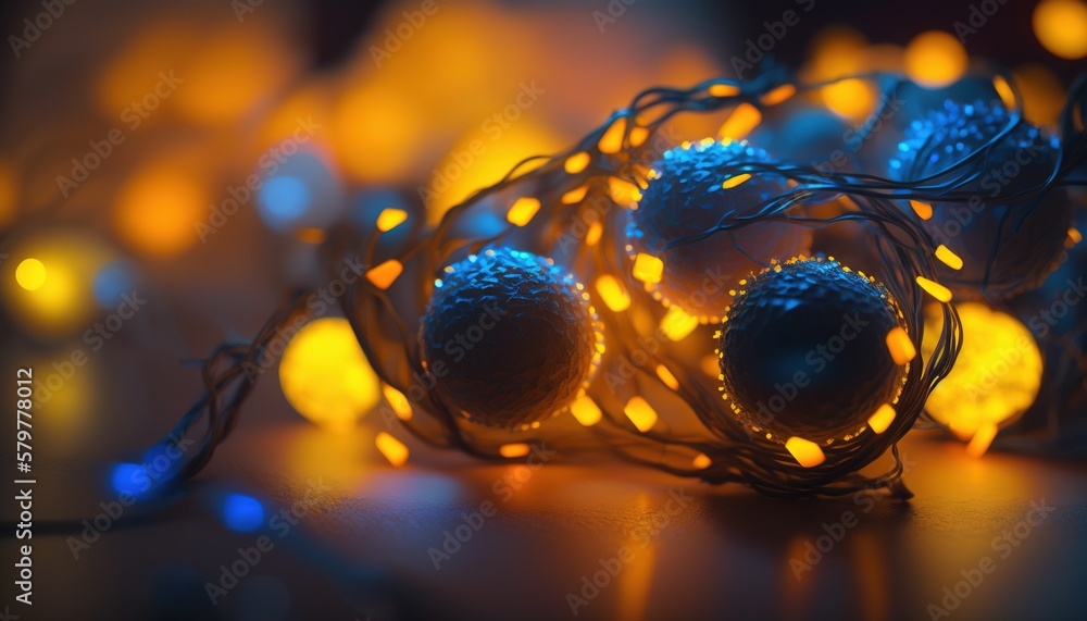 Poster a bunch of balls that are sitting on a table with some lights around them and a string of lights on 