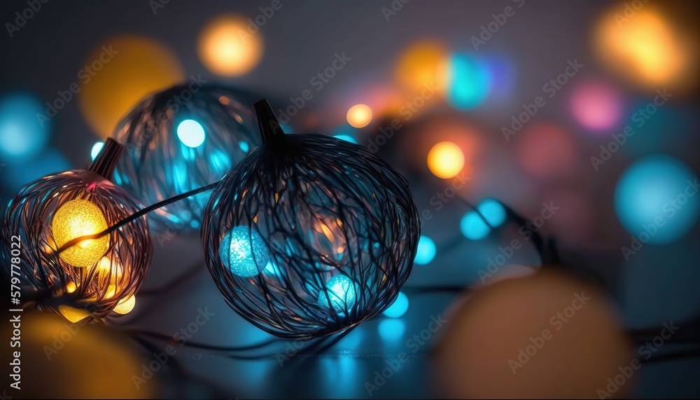 Poster a couple of lights that are sitting on a table with some lights in the back of it and a blurry backg