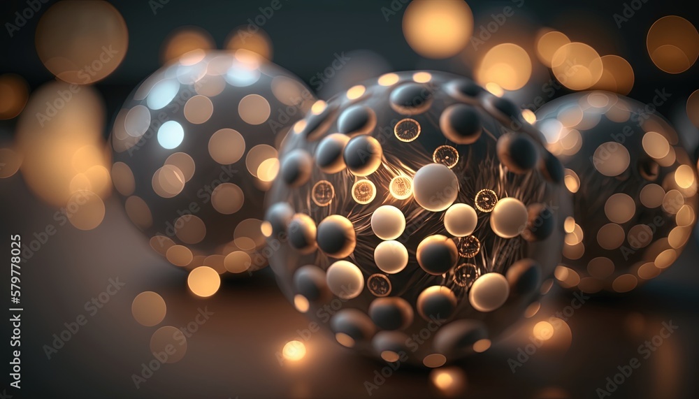 Poster a group of shiny balls sitting on top of a table next to each other on a black tablecloth covered ta