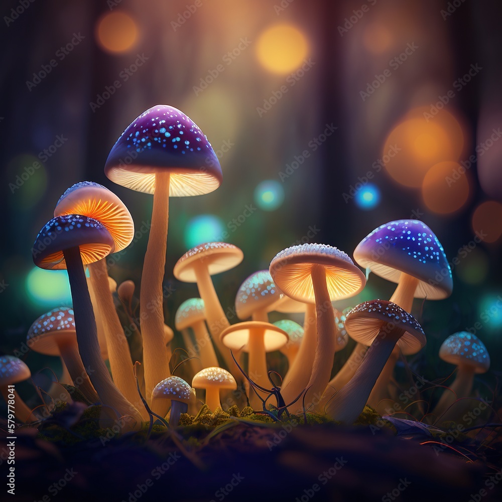 Poster a group of mushrooms that are sitting in the grass with lights in the backround behind them and a bl
